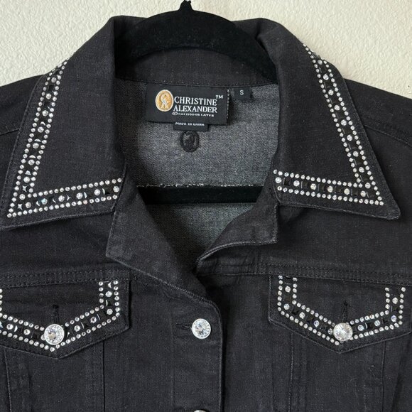 Christine Alexander Women Denim Black Jacket Size S Button Up Rhinestone Stretch - Picture 3 of 13
